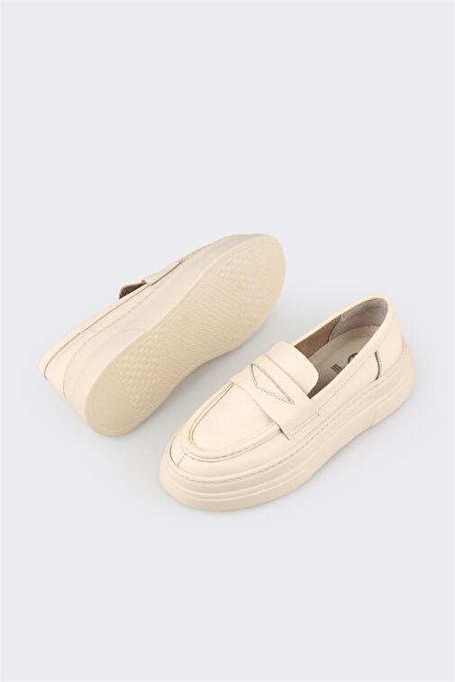 Ekru Deri Kadın Loafer - Görsel 4