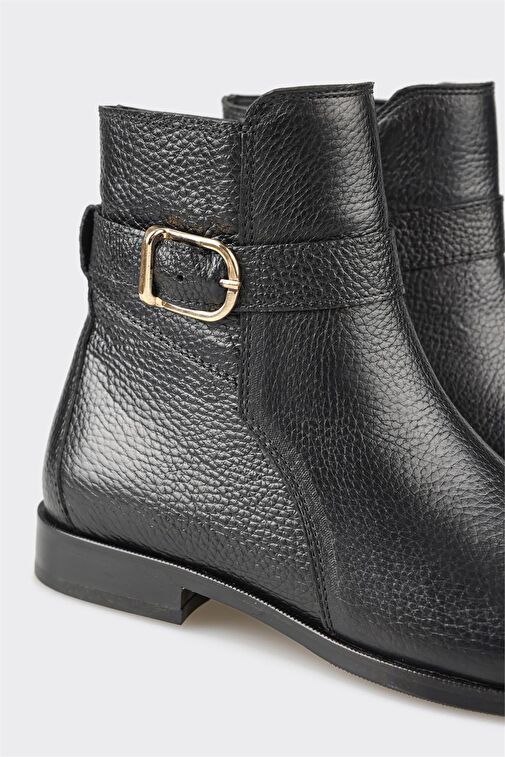 Siyah Deri Kadın Düz Bot - Görsel 5