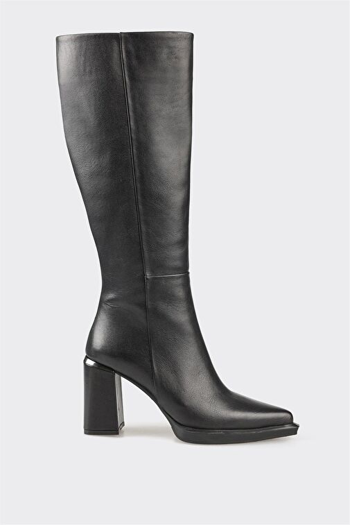 Siyah Deri Kadın Topuklu Çizme - Görsel 2