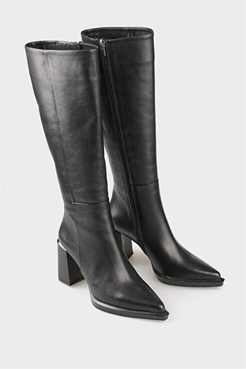 Siyah Deri Kadın Topuklu Çizme - Görsel 4