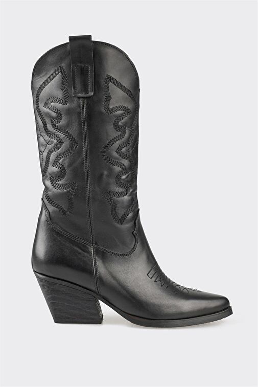 Siyah Deri Kadın Western Çizme - Görsel 2