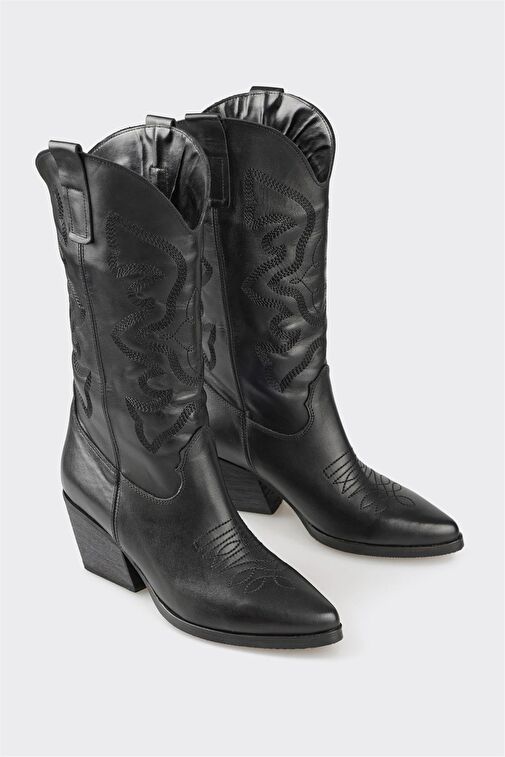 Siyah Deri Kadın Western Çizme - Görsel 4