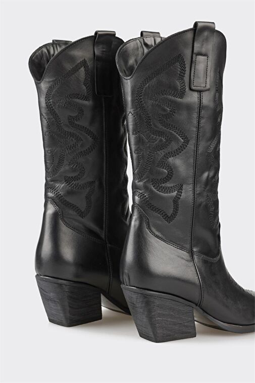 Siyah Deri Kadın Western Çizme - Görsel 5