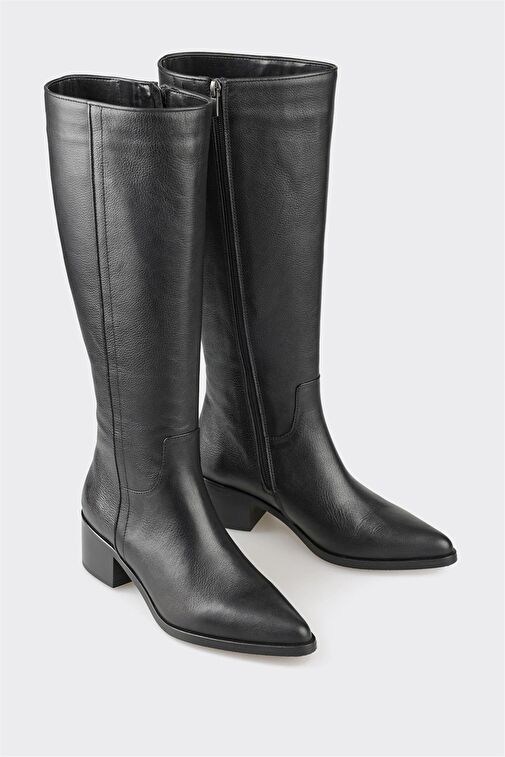 Siyah Deri Kadın Topuklu Çizme - Görsel 3