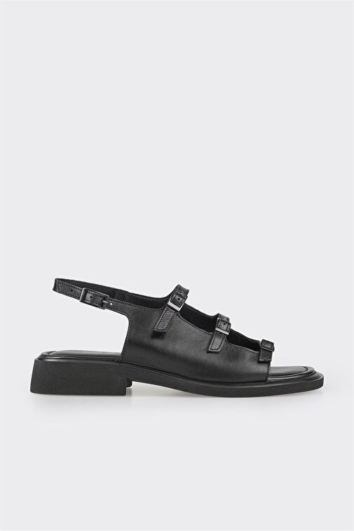 Siyah Deri Kadın Düz Sandalet - Görsel 2