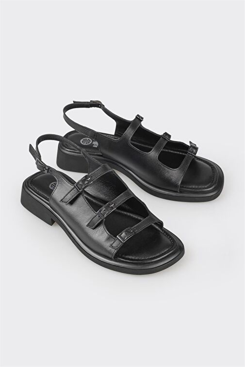 Siyah Deri Kadın Düz Sandalet - Görsel 3