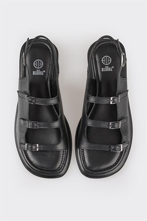 Siyah Deri Kadın Düz Sandalet - Görsel 5