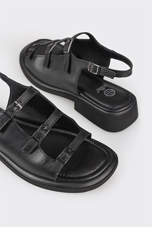 Siyah Deri Kadın Düz Sandalet - Görsel 6