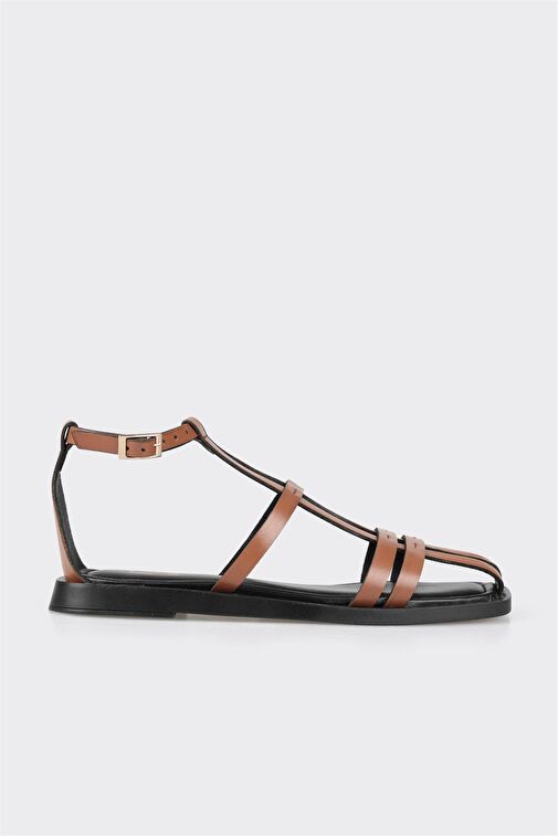 Kahve Deri Kadın Düz Sandalet - Görsel 2