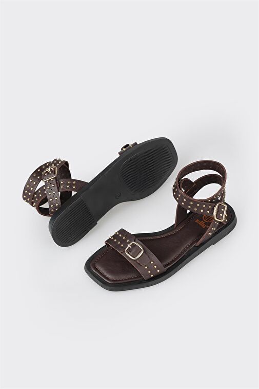 Kahve Deri Kadın Düz Sandalet - Görsel 4