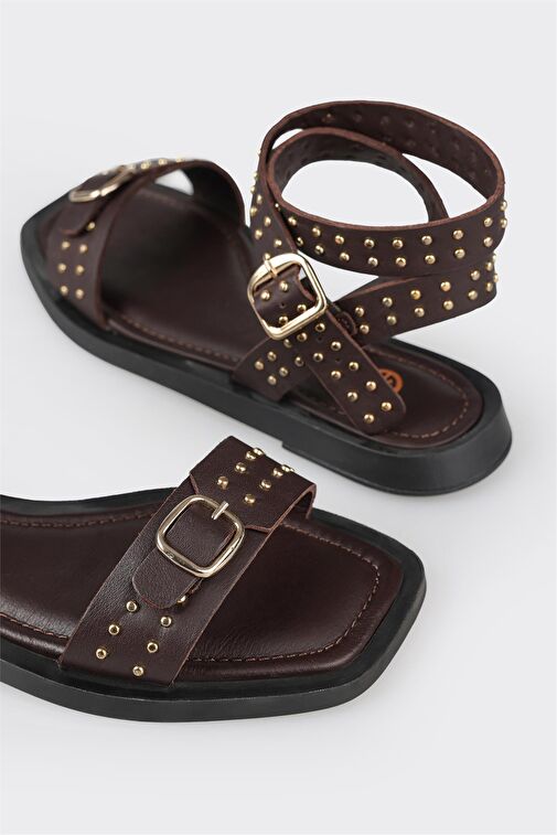 Kahve Deri Kadın Düz Sandalet - Görsel 6