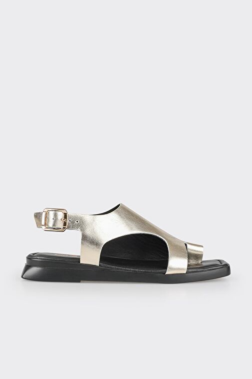 Gold Deri Kadın Düz Sandalet - Görsel 2