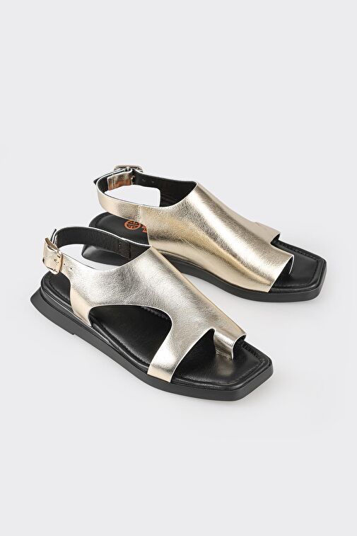 Gold Deri Kadın Düz Sandalet - Görsel 3