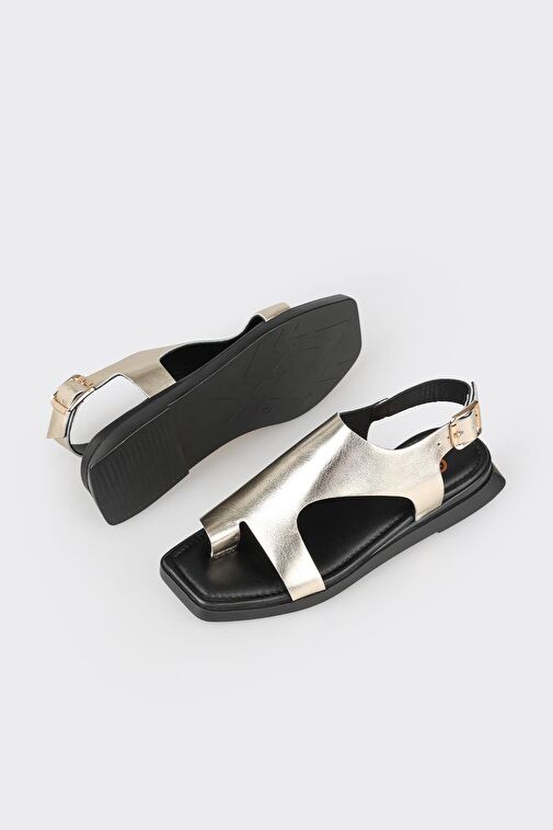 Gold Deri Kadın Düz Sandalet - Görsel 4