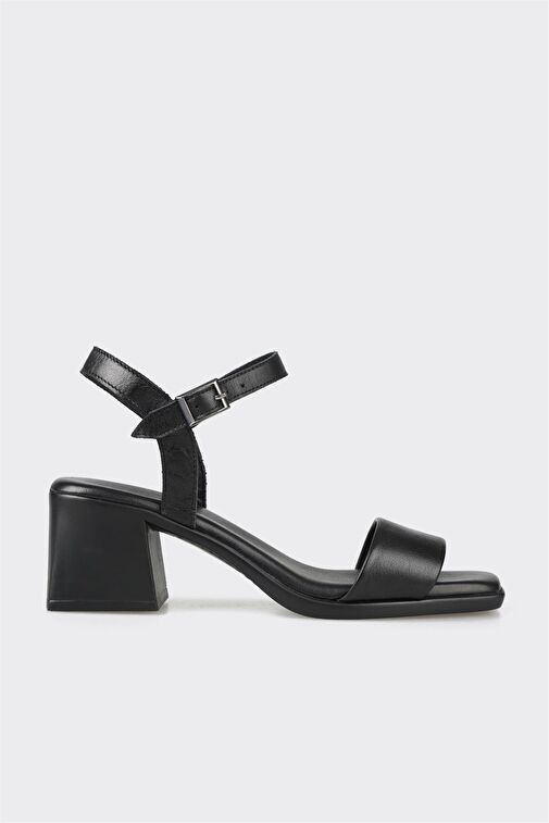 Siyah Deri Kadın Topuklu Sandalet - Görsel 2