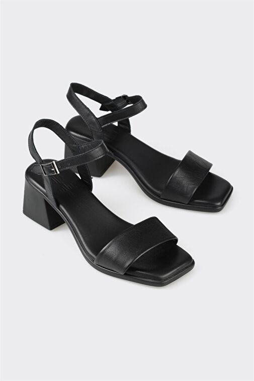 Siyah Deri Kadın Topuklu Sandalet - Görsel 3