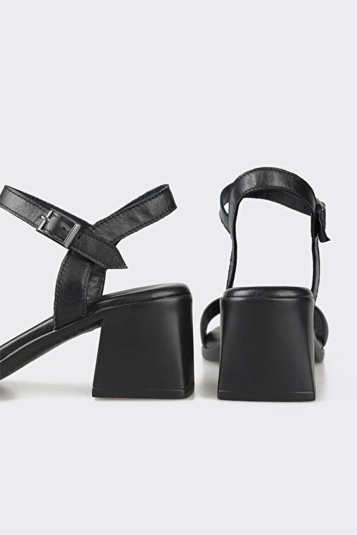Siyah Deri Kadın Topuklu Sandalet - Görsel 5