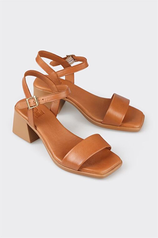 Taba Deri Kadın Topuklu Sandalet - Görsel 3