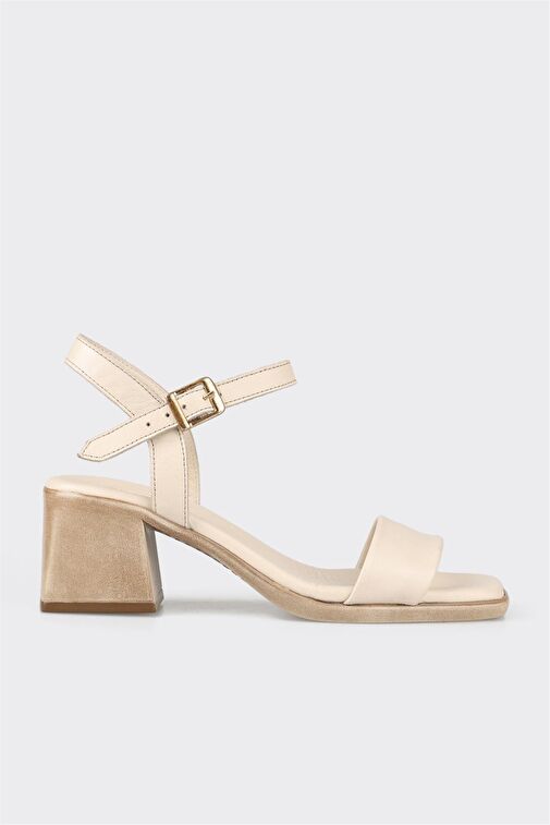 Ekru Deri Kadın Topuklu Sandalet - Görsel 2