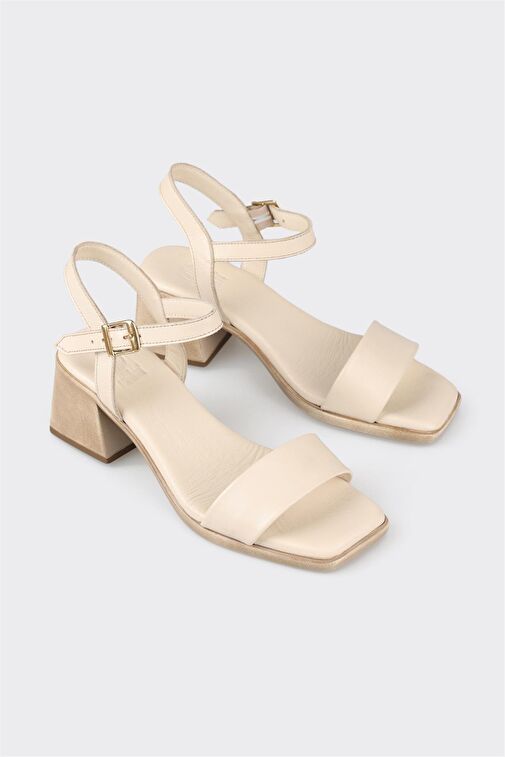 Ekru Deri Kadın Topuklu Sandalet - Görsel 3