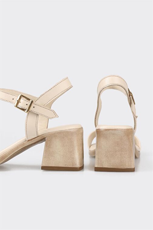 Ekru Deri Kadın Topuklu Sandalet - Görsel 5