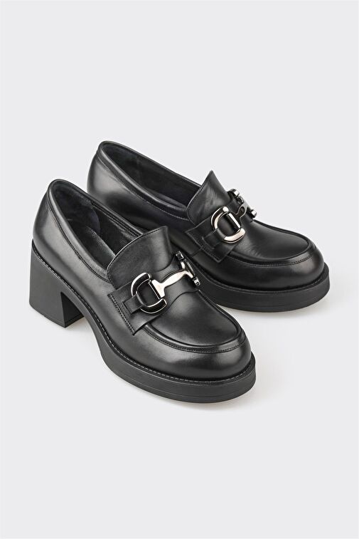 Elle Siyah Kadın Deri Topuklu Ayakkabı JEOKOS - Görsel 5