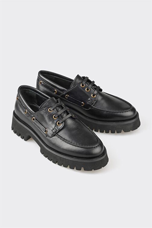 Elle Siyah Kadın Deri Oxford Ayakkabı WUXBAV - Görsel 3