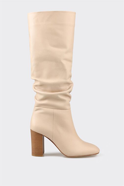 Bej Deri Kadın Topuklu Çizme - Görsel 2