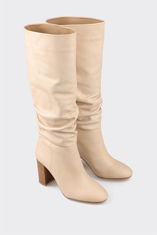 Bej Deri Kadın Topuklu Çizme - Görsel 3