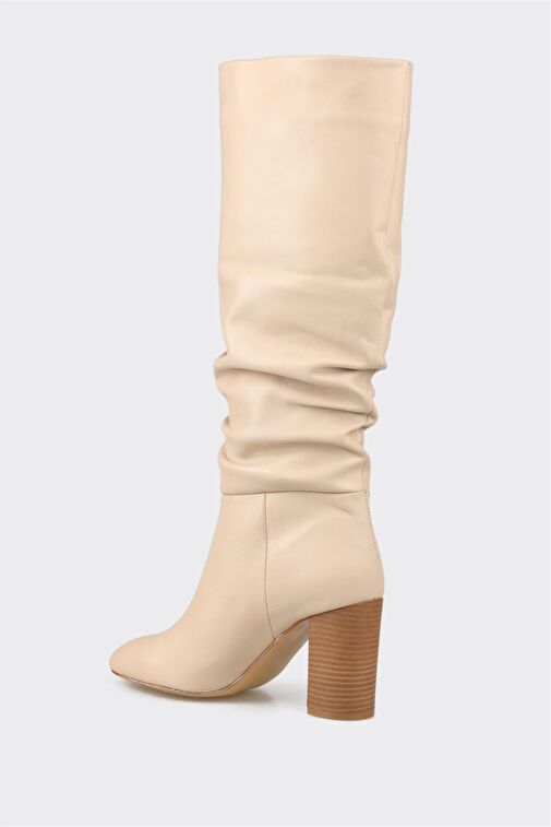 Bej Deri Kadın Topuklu Çizme - Görsel 4