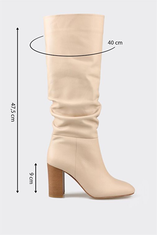 Bej Deri Kadın Topuklu Çizme - Görsel 6