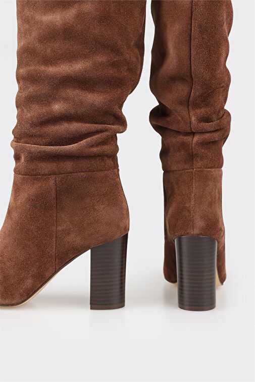 Taba Deri Kadın Topuklu Çizme - Görsel 5