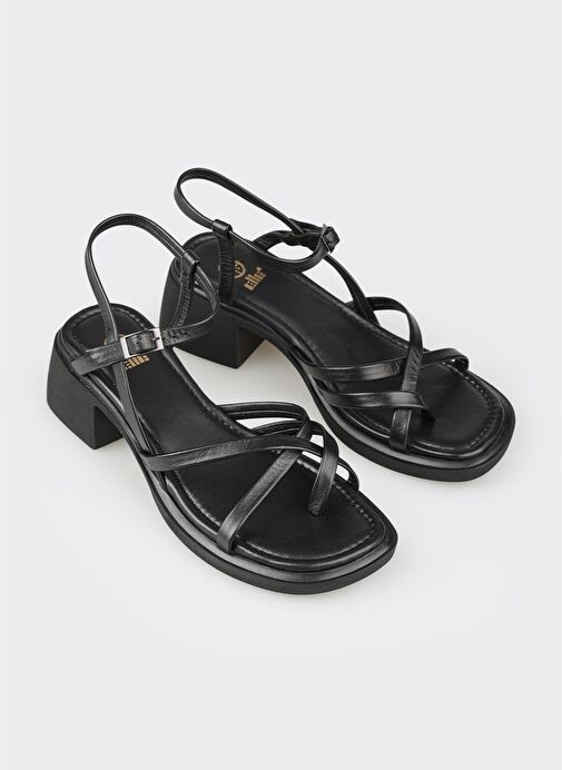 Siyah Deri Kadın Topuklu Sandalet - Görsel 3