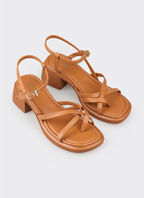 Taba Deri Kadın Topuklu Sandalet - Görsel 3