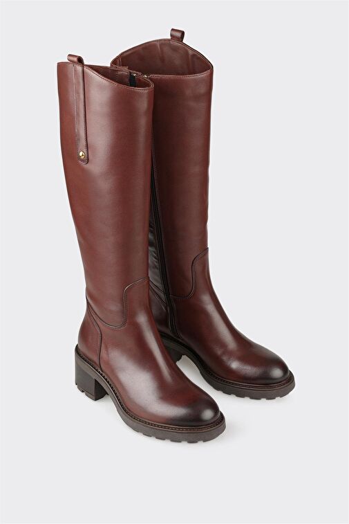 Kahve Deri Kadın Topuklu Çizme - Görsel 3