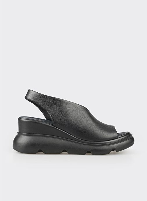 Siyah Deri Kadın Dolgu Topuklu Sandalet - Görsel 2