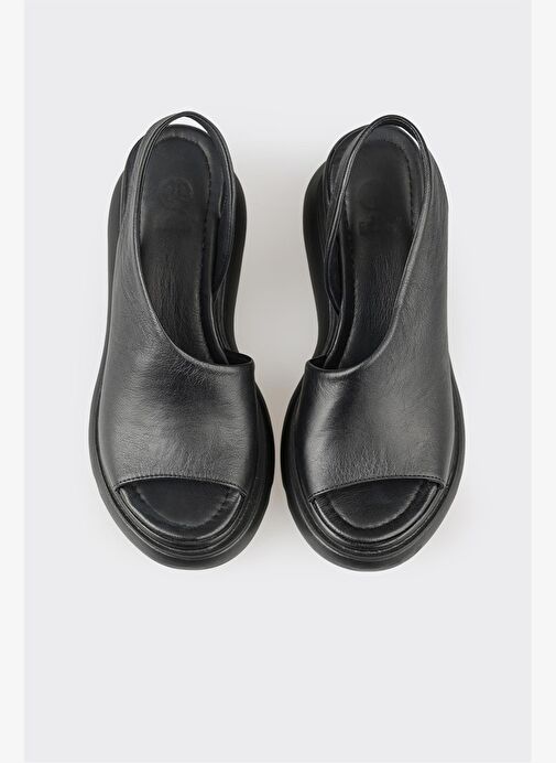 Siyah Deri Kadın Dolgu Topuklu Sandalet - Görsel 8