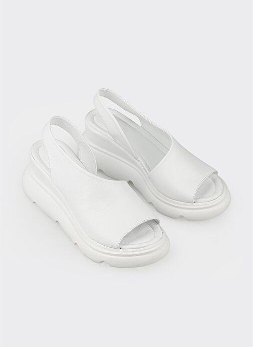 Beyaz Deri Kadın Dolgu Topuklu Sandalet - Görsel 3