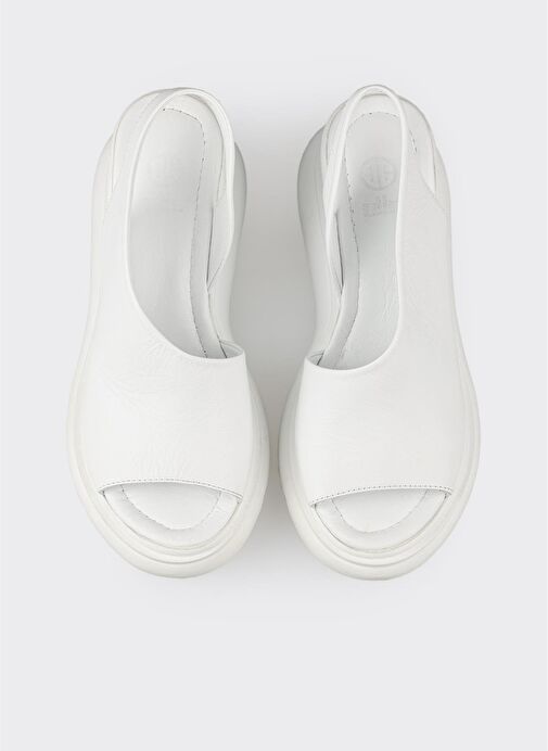 Beyaz Deri Kadın Dolgu Topuklu Sandalet - Görsel 5