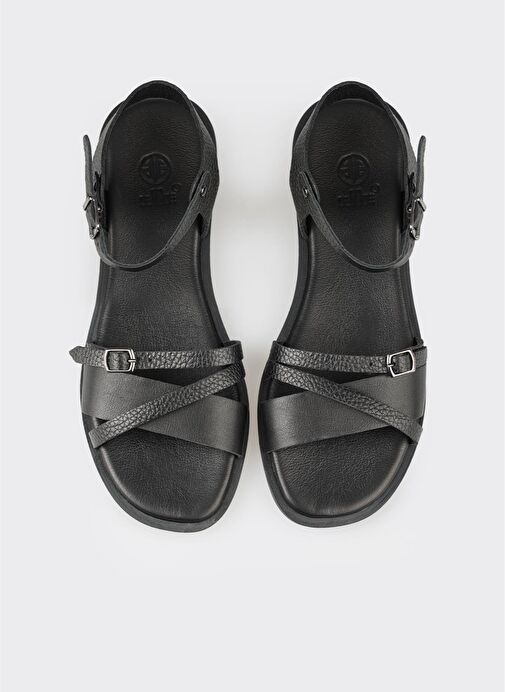 Siyah Deri Kadın Düz Sandalet - Görsel 5