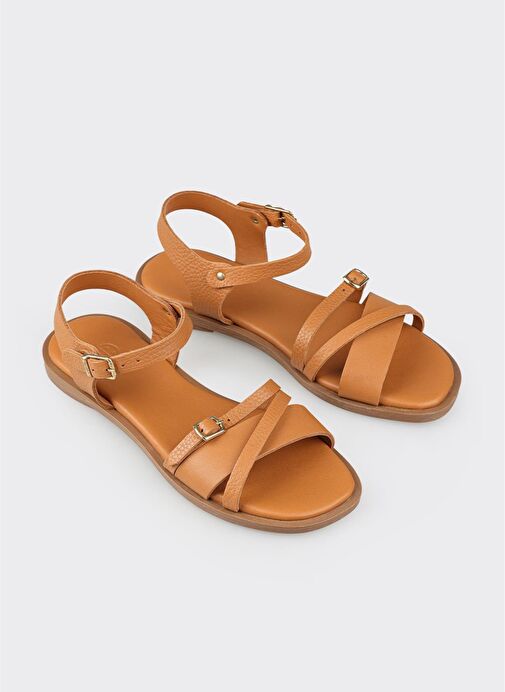 Taba Deri Kadın Düz Sandalet - Görsel 3