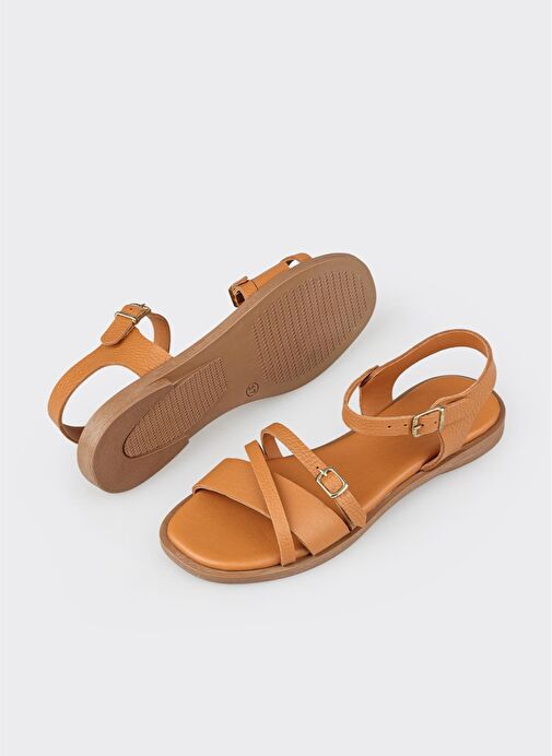 Taba Deri Kadın Düz Sandalet - Görsel 4