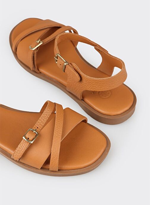 Taba Deri Kadın Düz Sandalet - Görsel 6