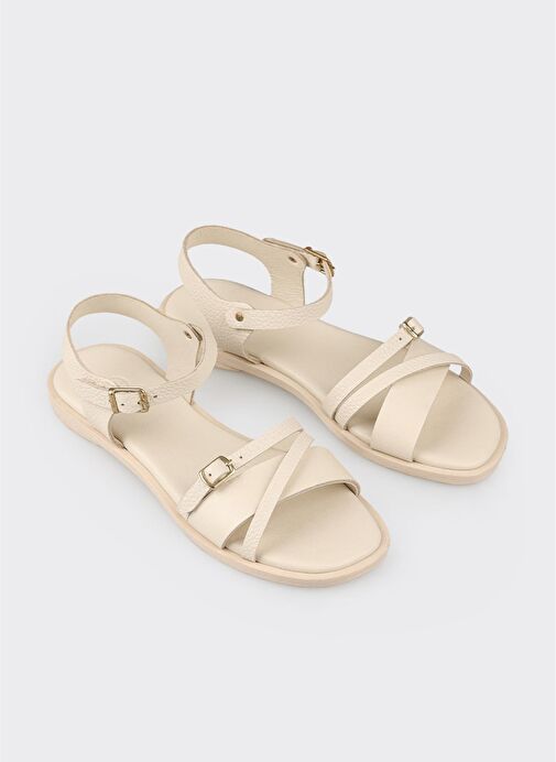 Bej Deri Kadın Düz Sandalet - Görsel 3