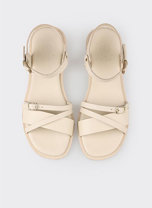 Bej Deri Kadın Düz Sandalet - Görsel 5