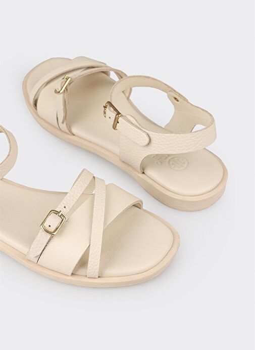 Bej Deri Kadın Düz Sandalet - Görsel 6