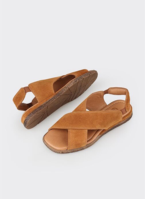 Taba Deri Kadın Düz Sandalet - Görsel 4