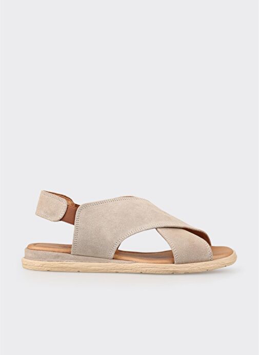 Bej Deri Kadın Düz Sandalet - Görsel 2