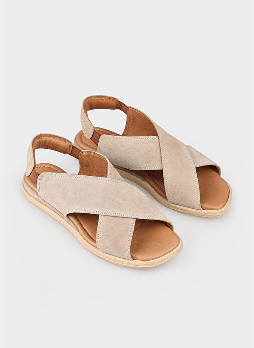 Bej Deri Kadın Düz Sandalet - Görsel 3