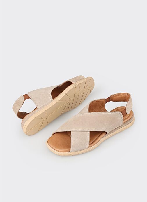 Bej Deri Kadın Düz Sandalet - Görsel 4